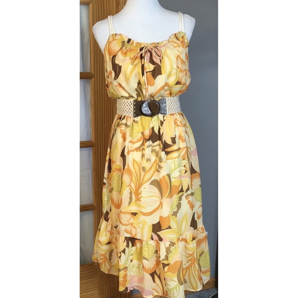 Collective Concepts Tiered Floral Dress S Midi Yellow Spaghetti Strap Romantic